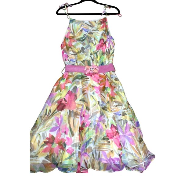 BLUMARINE Dress Silk Floral Spaghetti Strap Jeweled Belted Pink Multicolor US 8 - Picture 1 of 15